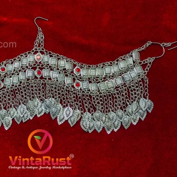 Afghan Silver Kuchi Headpiece With Red Glass Stones and Long Tassels main image 10